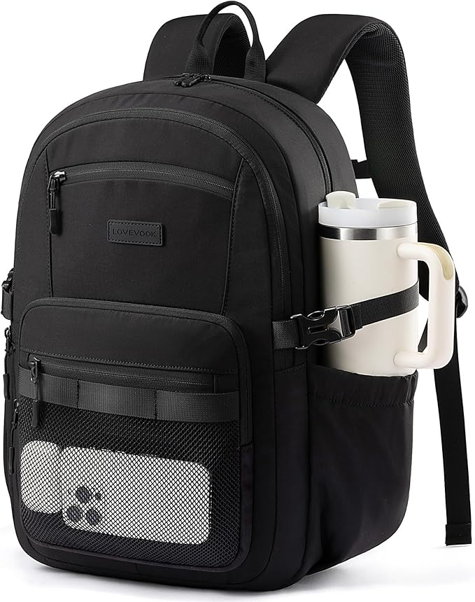 LOVEVOOK Laptop Backpack Women/Men with 40oz Cup Holder Buckle Strap, 17.3 Inch Tech-Ready Work Backpack, TSA-compliant for Travel & College with Versatile Mesh Pocket, Black