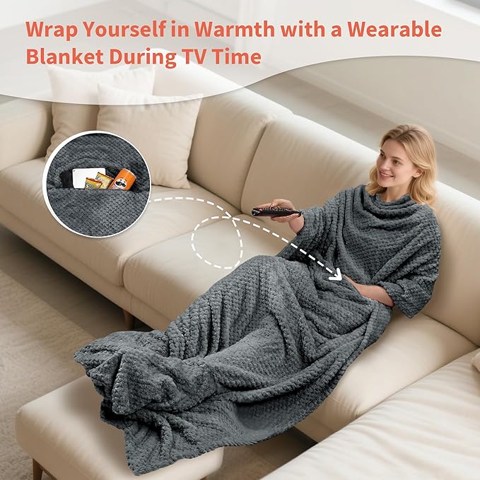 Tirrinia Travel Blanket Compact with Bag, Soft Lightweight Wearable Blanket with Foot Pockets, Airplane Travel Essential Gift