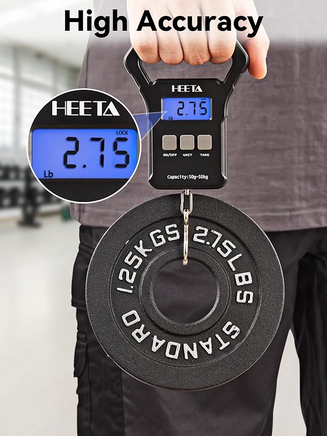 HEETA Fish Scale, 110lb/50kg Digital Portable Hanging Fishing Weight Scale with Backlit LCD Display, Luggage Scale with Hook, Non-Slip Large ABS Handle & 2 AAA Batteries, Fishing Gifts Gear for Men