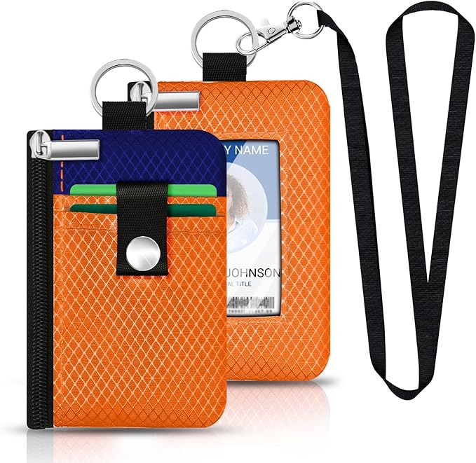 Minimalist RFID Blocking Small Wallet with ID Window,WaterResistant Zip Id Case Wallet with Lanyard Keychain for Cards,Cash,Travel,Women,Men (Orange/Sapphire Blue)