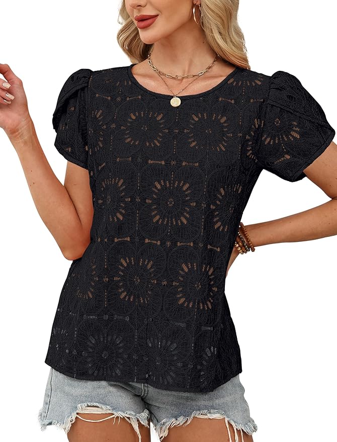 OFEEFAN Blouses for Women Dressy Casual Petal Short Sleeve Shirts Crochet Lace Boho Tops Spring Fashion Summer Outfits