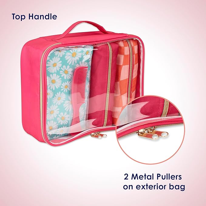 Conair 5 Piece Toiletry and Cosmetic Bag Set Under $30, Includes 4 Makeup Bags and 1 Travel Comb in Pink and Daisy Prints (Pack of 2)