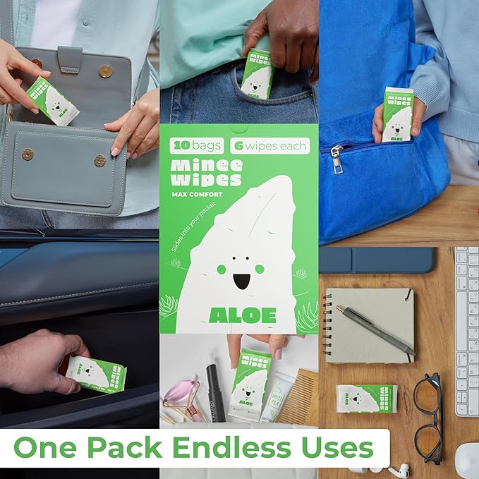 Impossibly Compact Travel Wipes - 99.5% Water - Safe for Sensitive Skin & Hypoallergenic, Resealable, Thick & Durable - For Adults, Kids & Baby Care - Aloe, 10 Pack Total 60 Wipes