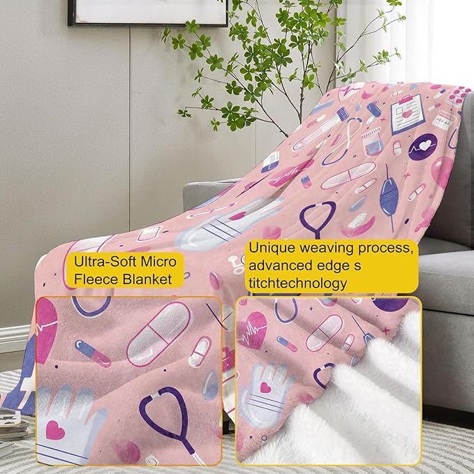 Nurse Blanket, Pink Nurse Gifts Flannel Throw Blankets,Soft Warm Lightweight Cozy Plush Nursing Graduation Throws for Bedroom Sofa Office Home Decor Gifts for Women Girls 60"x50"