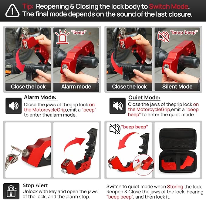 Motorcycle Locks Anti Theft, 130DB Alarm Motorcycle Grip Brake Lock, Heavy Duty Handlebar Throttle Lock Waterproof Alarm System for Moped, Bike, Scooter, ATV (Red)