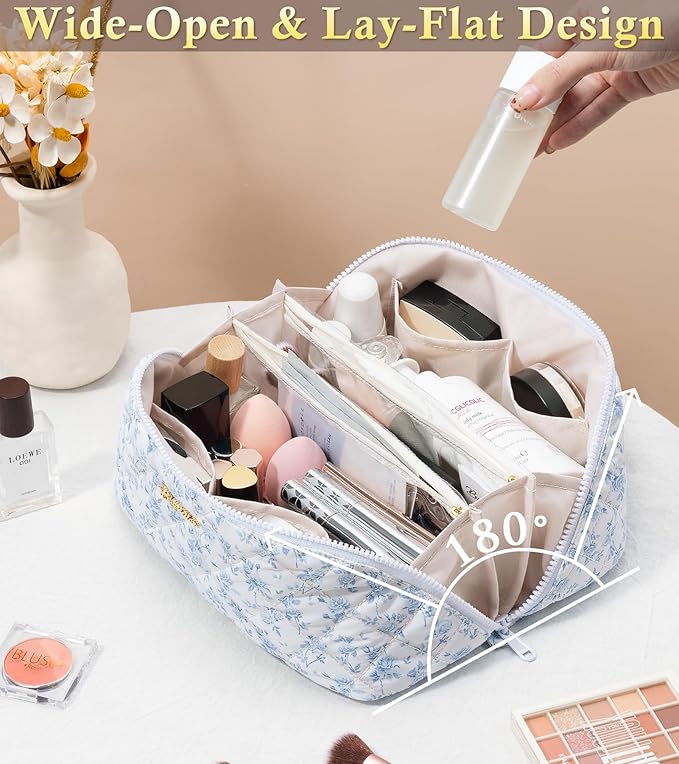 Travel Makeup Bag, 3 Pcs Large Capacity Puffy Toiletry Bag for Women, Open Flat Make up Cosmetic Organizer w/Handle & Clear Divider Water-resistant Portable Pouch Travel Essentials, L-Blue Floral