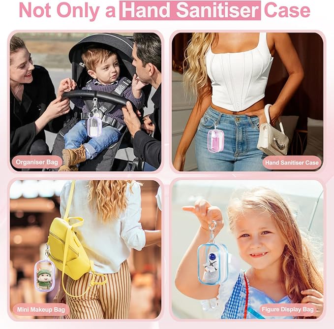 Hand Sanitizer Spray Clear Case for 1FL OZ/30ml, 3 Pack Hand Sanitizer Holder Zippered Pouch, Mini Clear Makeup Bag, Figures Display Bag, with Keychain Snap Hook (Pink & Blue & Purple)