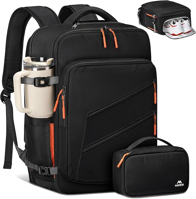 MATEIN Personal Item Backpack 18x14x8 with Shoe Compartment Detachable, Airline Approved Carry On Backpack for Travel with Electronics Case, Lightweight Luggage Bag for Spirit Airlines Fits 17" Laptop