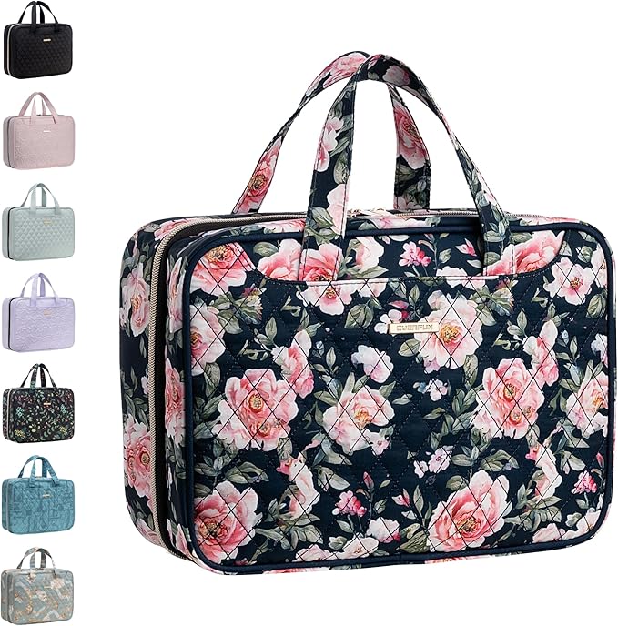 Everfun Hanging Toiletry Bag for Travel, 12x9x4.5 inch Large Capacity Cosmetic Organizer with Leakproof Wet/Dry Compartment, Waterproof Dopp Kit Toiletries Bag for Women Black Floral