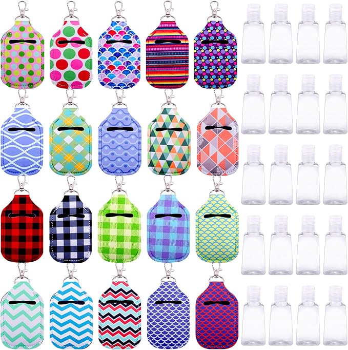 Duufin 40 Pieces Hand Sanitizer Keychain Holders Set with 20 Pieces Hand Sanitizer Holder and 20 Pieces Empty Travel Bottles