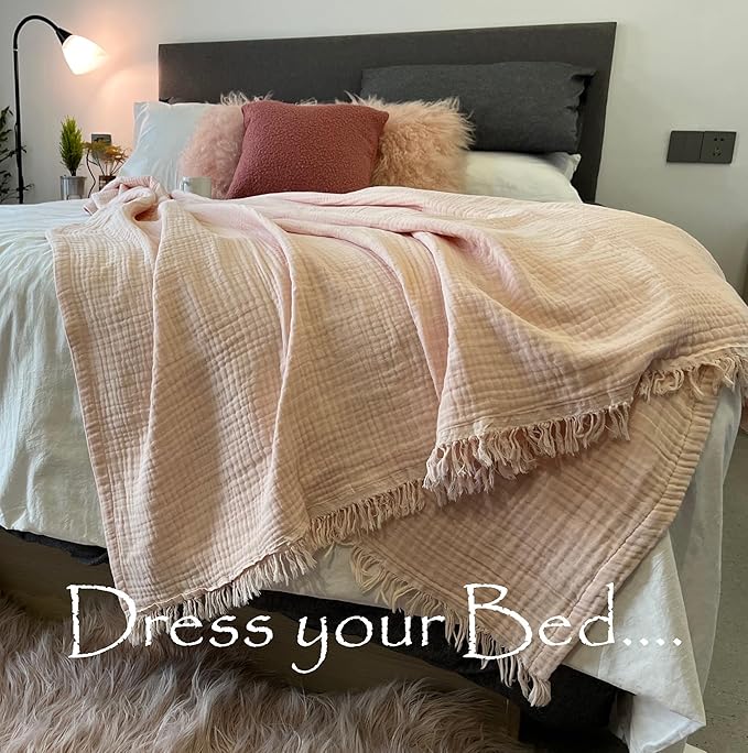 KyraHome 100% Organic Cotton Muslin Throw Blankets for Couch, Girls, Adults, 50"x60", Pre-Washed Plant Dyed, Breathable Lightweight Summer Throw Blanket, All Season (Soft Pink)