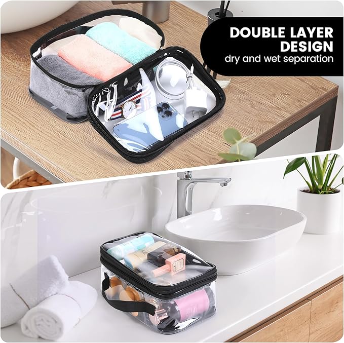 BORMELUN Large Clear travel bags for toiletries pouches carry on reusable,purse see-through plastic pvc TSA airport approved with handle (Black)