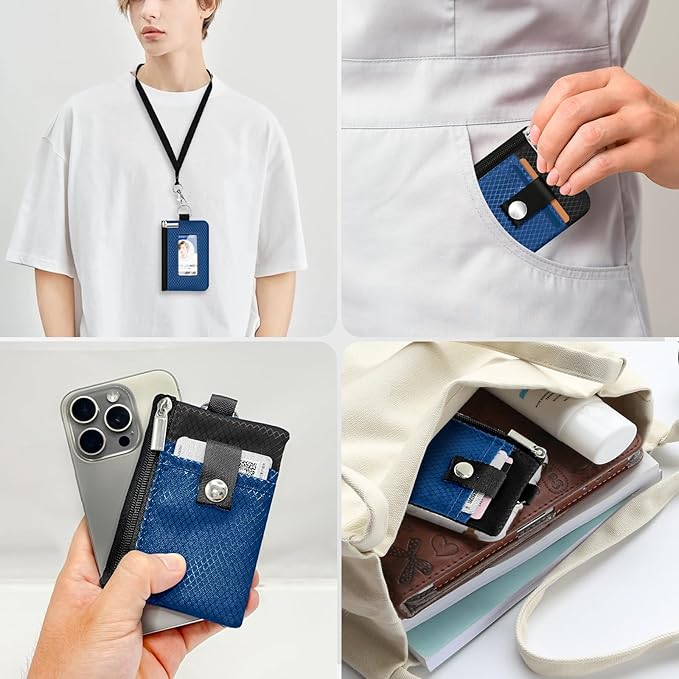 Minimalist RFID Blocking Small Wallet with ID Window,WaterResistant Zip Id Case Wallet with Lanyard Keychain for Cards,Cash,Travel,Women,Men (Electric Blue/Black)