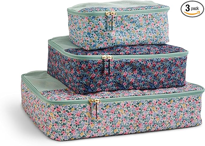 RIFLE PAPER CO. Soft Sided Packing Cubes Set of 3. Includes Small, Medium, Large and a Laundry Bag, Travel Must Have Accessory, Stylized Pattern, Floral Rosa