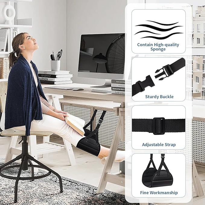 CushZone Airplane Foot Hammock, Foot Rest for Under Desk at Work, Length Adjustable Airplane Foot Rest, Travel Essentials with Eye Mask and Earplugs, Desk Foot Hammock to Relax Your Feet(2 Sets)