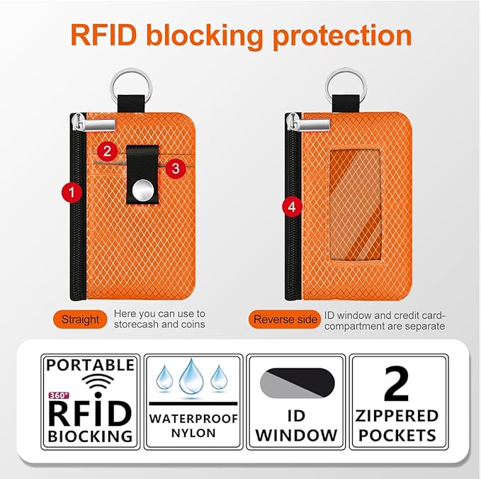 Minimalist RFID Blocking Small Wallet with ID Window,WaterResistant Zip Id Case Wallet with Lanyard Keychain for Cards,Cash,Travel,Women,Men (Orange)