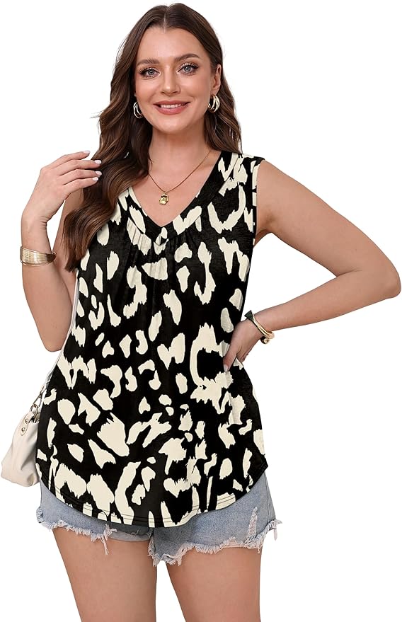 OFEEFAN Tank Top for Women Loose Fit Sleeveless Shirts V Neck Summer Clothes Ruched Women's Tees and Tanks Curved Hem