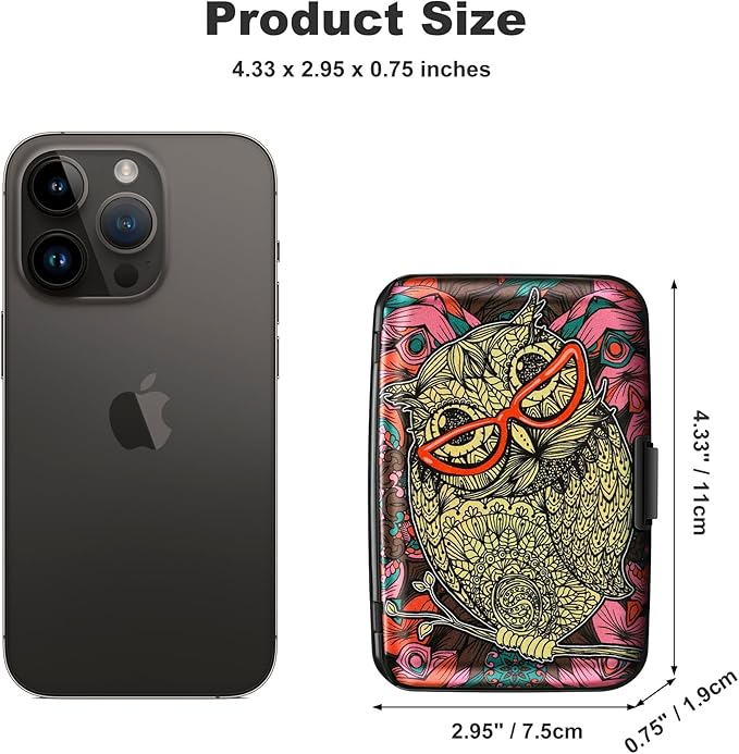ELFISH Mini RFID Aluminum Wallet Credit Cards Holder Business Card Case Metal ID Case for Men Women(Cute Owl)