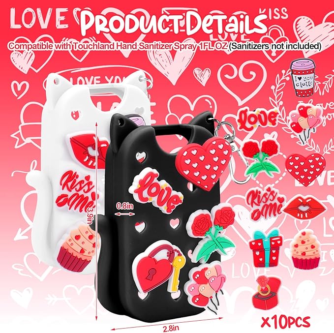 Mity rain Valentine Cat Silicone Case for Touchland Mist 1 FL OZ Hand Sanitizer Spray, Portable Travel Keychain with 10 Love Charms, Ideal Valentine’s Day Gifts for (Him/Her) your beloved