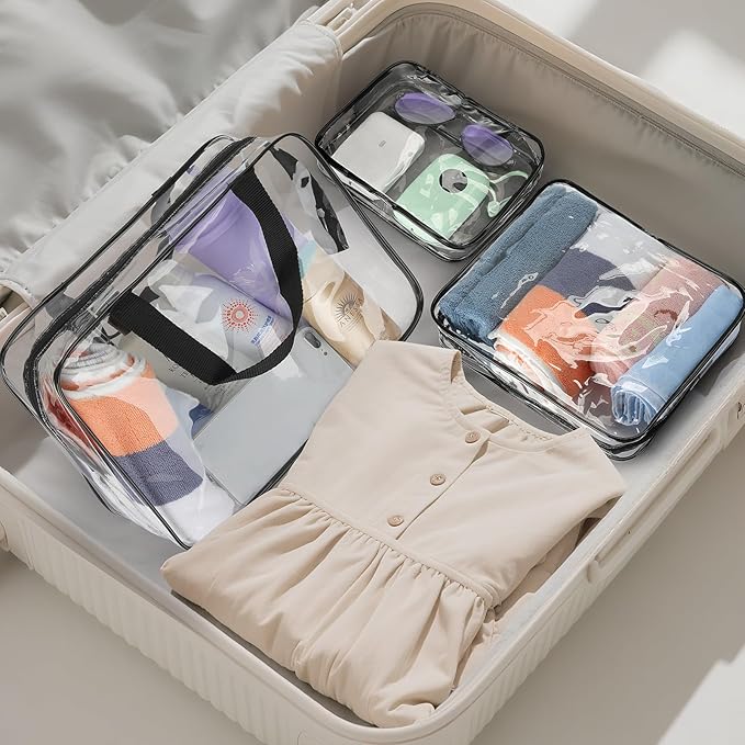 HAOGUAGUA 3 Pieces Large Clear Travel Bags for Toiletries, Waterproof Clear Plastic Cosmetic Makeup Bags, Transparent Packing Organizer Storage Bags (Black)