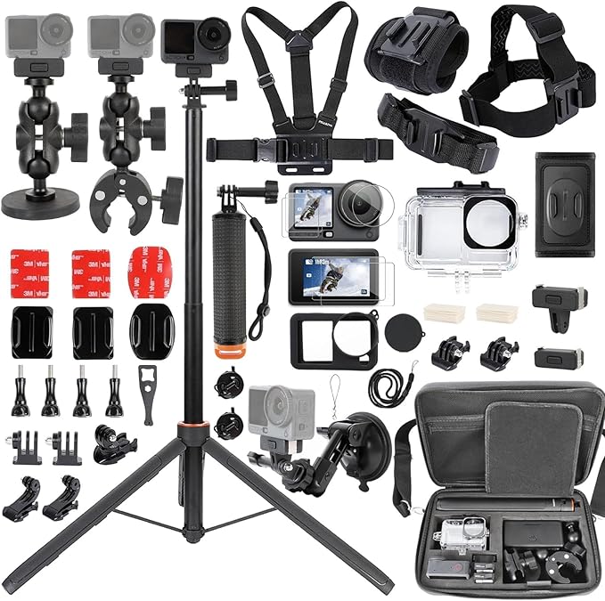 PellKing Accessories Kit for DJI Osmo Action 6,Carrying Case with Belt 135cm Selfie Stick Tripod Waterproof Housing Suction Cup Magnetic Handlebar Mount Qucik Release Clip 4 in 1 Body Mount