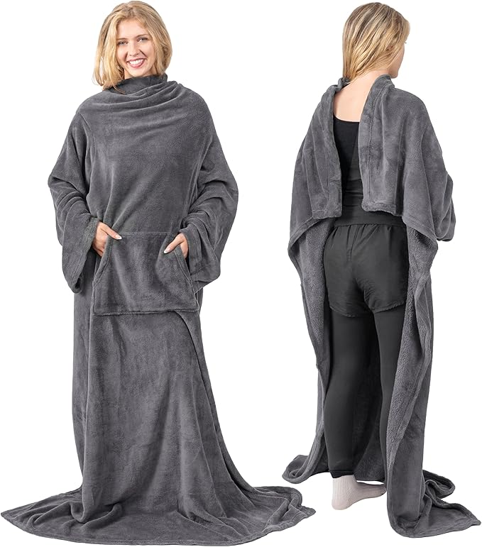 PAVILIA Blanket with Sleeves for Adult Women Men, Soft Warm Wearable Blanket Fleece Wrap Throw, Robe Blanket Gift