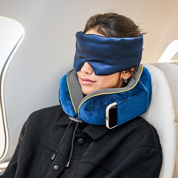 ComfyCozy Luxury Travel Pillow and Silky Plush Eye Mask - Sleeping Traveling Airplane Essentials - Memory Foam Neck Support Pillows for Plane Car Flying - International Flight Must Haves Essentials