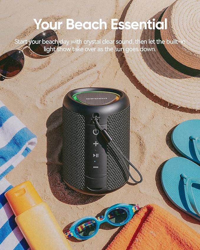 Portable Bluetooth Speaker Beach Essentials: Powerful Crystal Clear Sound/Dynamic Light/IPX5 Waterproof/All Day Playtime/Wireless BT 5.3/TWS Paring, Mom Gifts, Outdoor|Travel|Camping|Pool Accessories