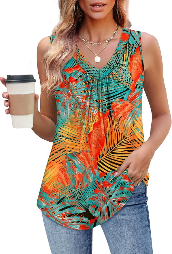 OFEEFAN Tank Top for Women Loose Fit Sleeveless Shirts V Neck Summer Clothes Ruched Women's Tees and Tanks Curved Hem