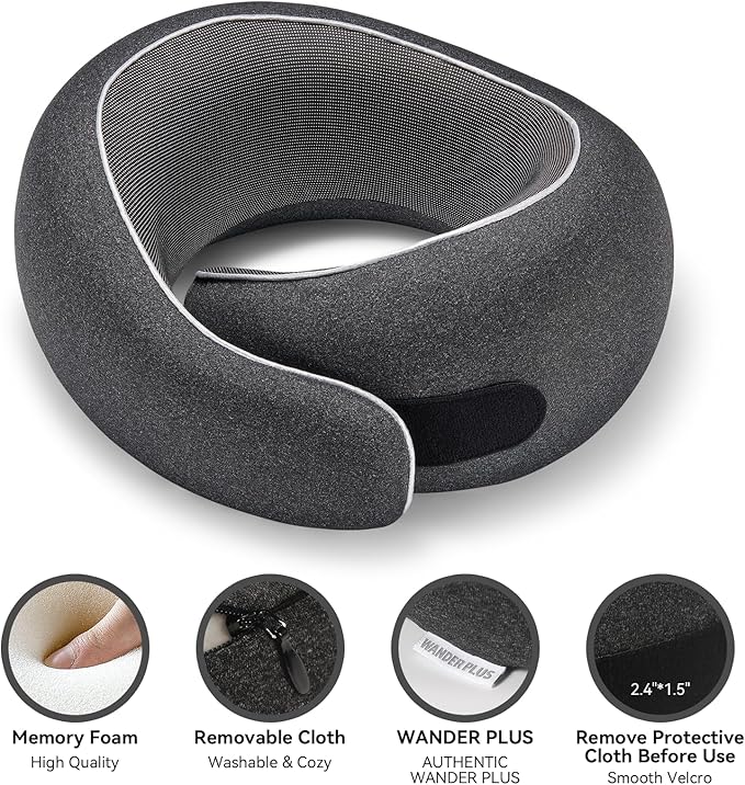 WANDER PLUS® Travel Pillow, 100% Pure Memory Foam Travel Neck Pillow Airplane Neck Support Ergonomic Design Best for Sleeping Plane Car Train Office Flight for Adults Ash Gray