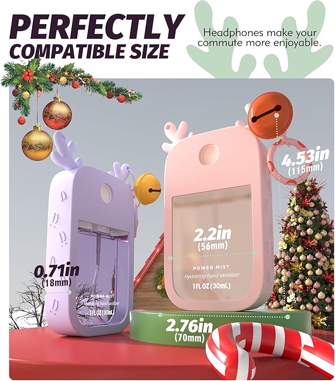 Sonnorel 2 Pack Elk Silicone Case Compatible with Touchland Hand Sanitizer Spray (Fit for 1 FL OZ/30 mL Ver), Portable keychain, Small Bell, Cute Deer Antlers (Pink,Purple)