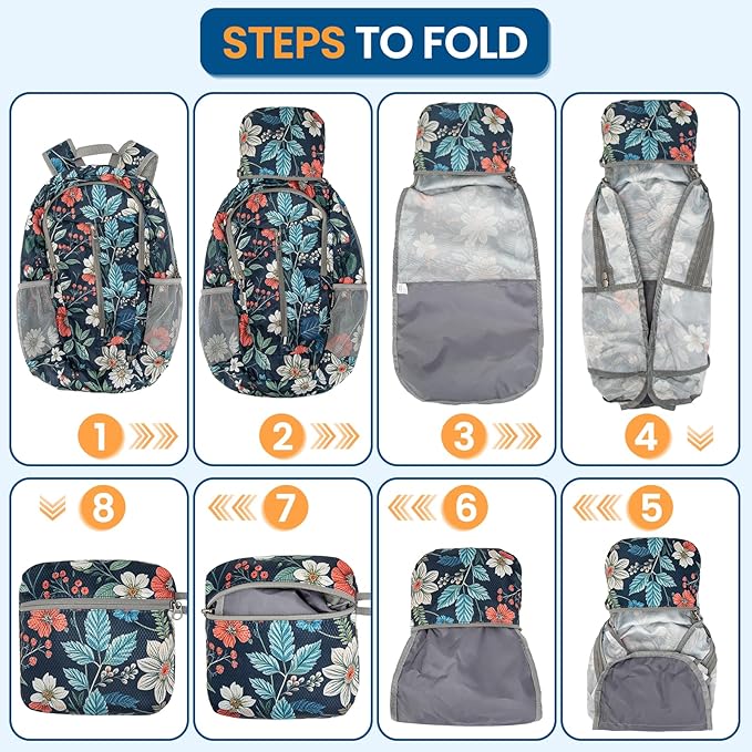 ZOMAKE Ultra Lightweight Packable Backpack 25L - Foldable Hiking Backpacks Water Resistant Small Folding Daypack for Travel(Navy blue,Floral pattern)