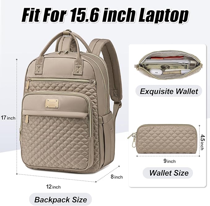 Tealari Laptop Backpack for Women,15.6 Inch Laptop Backpack for Work,Water Resistant Travel Backpack,College Bookbag with Wallet (Khaki)