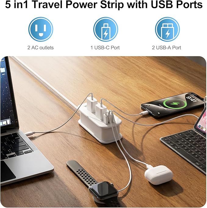 VYLEE Universal Travel Adapter with 6ft Extension Cord, Worldwide Plug Adapter (Type A/C/G/I) for Europe UK US AU, 2 AC Outlets + 3 USB Ports (USB-C), Cruise Ship Essentials Travel Power Strip