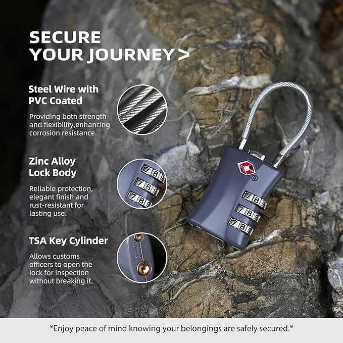TSA Locks for Luggage, Small Combination Padlock with Cable, Luggage Locks TSA Approved for International Travel Essentials, Suitcase, Backpack Zipper, Locker, Flight Attendant Accessories