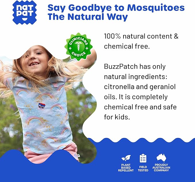 NATPAT BuzzPatch Mosquito Patch Stickers for Kids - All Natural, Plant Based Ingredients, Non-Toxic, DEET Free, Citronella Insect Patches, for Toddlers, Babies, Children (2 Pack, 96 Units)