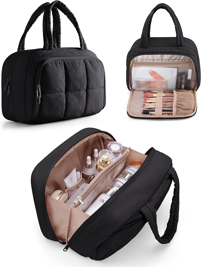 Marscamd Travel Makeup Bag for Women, Puffy Cosmetics & Toiletry Organizer with Leakproof Pockets for Travel-Size Shampoo, Conditioner, Brushes & Essentials - Medium Size, Black (Bag Only)