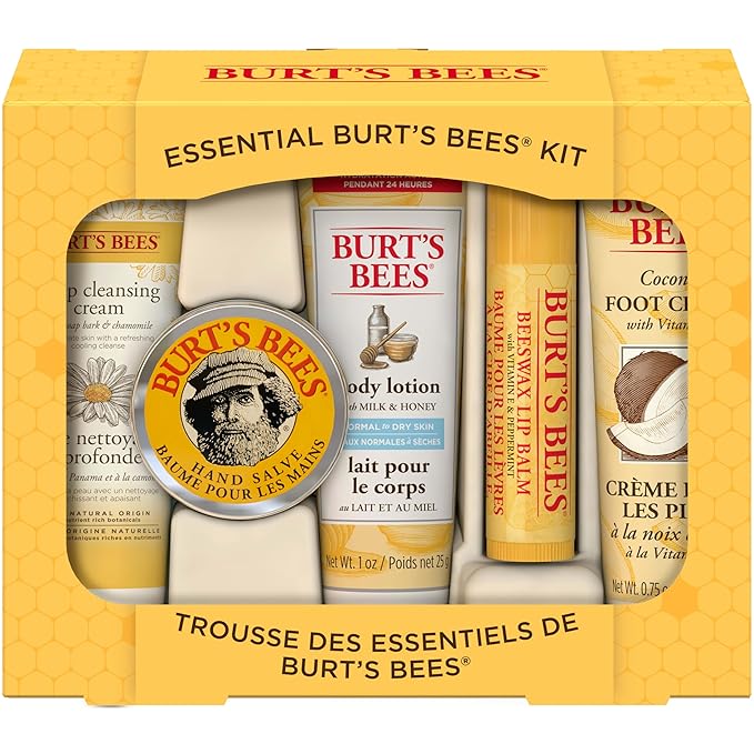 Burt's Bees Essential Everyday Beauty Valentines Day Gifts Set, 5 Travel Size Products - Deep Cleansing Cream, Hand Salve, Body Lotion, Foot Cream and Lip Balm