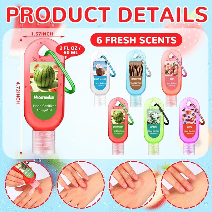 6 Pcs Hand Sanitizer Travel Size with Keychain 2 Fl oz Gel Mixed Scent Mini Pocket Hand Sanitizer Bulk for Backpack Travel Office Friend Coworker Employee Nurse Week Teacher Appreciation Gifts