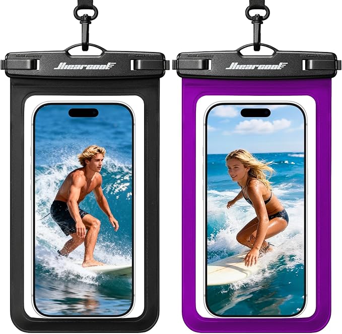 Hiearcool Waterproof Phone Pouch 2 Pack, IPX8 Dry Bag with Lanyard, Touch Screen Compatible for iPhone 17/16/15/14/13 Pro Max, Beach Swimming Cruise Travel-Black & Deep Purple