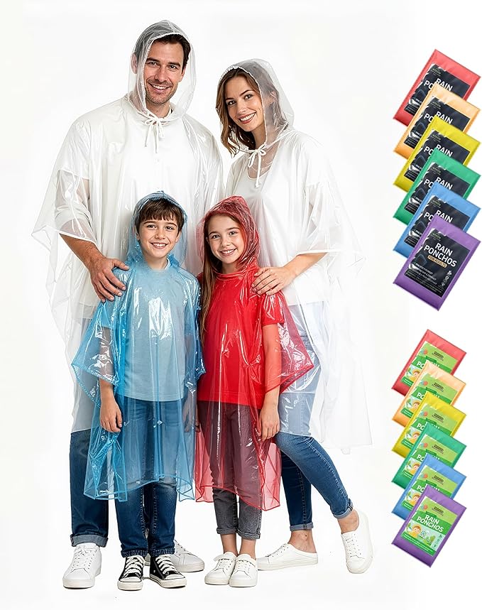 Hitituto Rain Ponchos Family Pack Kids– 6/12/24 Pack Disposable Poncho with Hood, Clear & Assorted Colors, Home Survival Kits