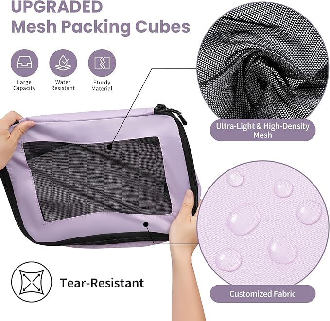 Mesh Packing Cubes for Travel, Durable Luggage Organizer with Sturdy Material and Double Zippers, Comprehensive Set for Travel Accessories Storage, 10 set, purple