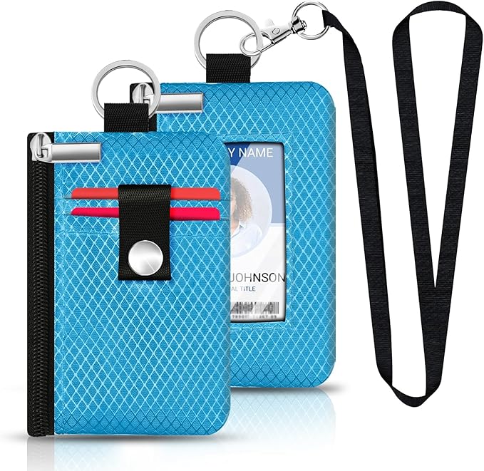 Minimalist RFID Blocking Small Wallet with ID Window,WaterResistant Zip Id Case Wallet with Lanyard Keychain for Cards,Cash,Travel,Women,Men (Lake Blue)