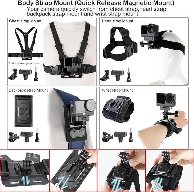 PellKing Accessories Kit for DJI Osmo Action 6,Carrying Case with Belt 135cm Selfie Stick Tripod Waterproof Housing Suction Cup Magnetic Handlebar Mount Qucik Release Clip 4 in 1 Body Mount