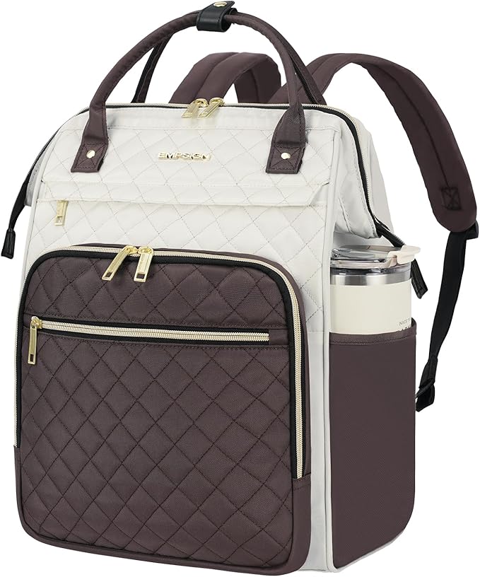 EMPSIGN 17 Inch Laptop Backpack for Women, Work Business Travel Computer College Bags, Large Capacity Water-repellent Quilted Casual Daypack, Beige-Coffee
