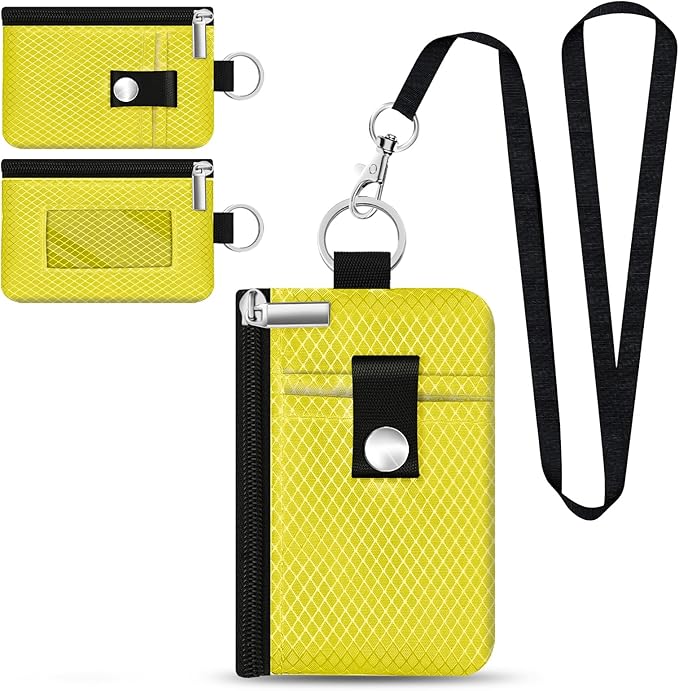 Minimalist RFID Blocking Small Wallet with ID Window,WaterResistant Zip Id Case Wallet with Lanyard Keychain for Cards,Cash,Travel,Women,Men (Lemon Yellow)