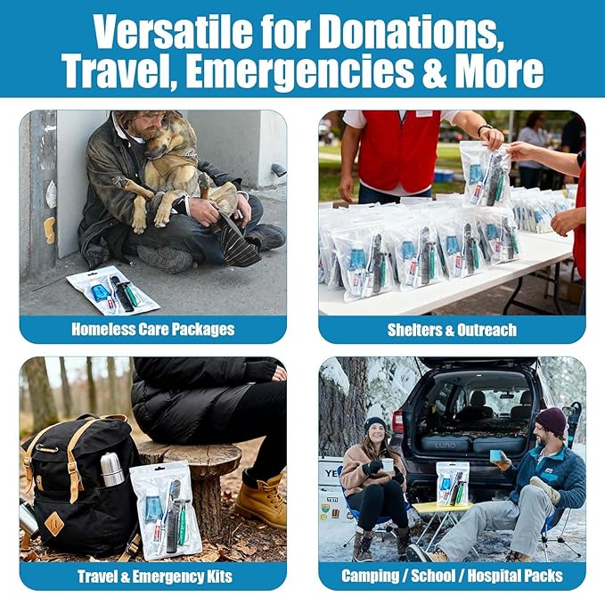 30 Pack Hygiene Kits for Homeless in Bulk, 8-in-1 Personal Toiletry Kit Individually Packed with Toothbrush, Toothpaste, Comb, Flossers,Shampoo, Soap, Razor & Shaving Cream