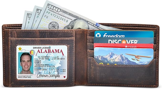 Men's Leather Wallet with RFID Blocking 2 ID Windows in Full Grain Crazy Horse Leather