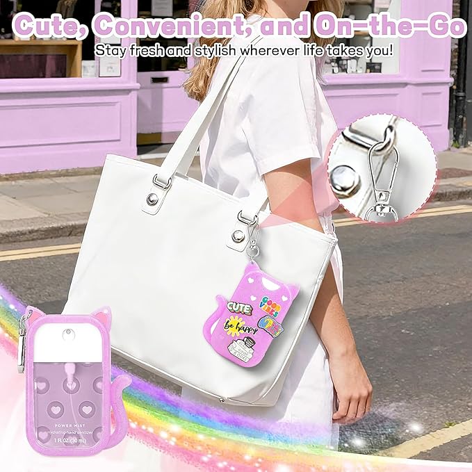 Cat Silicone Case for Touchland Hand Sanitizer Spray, Hand Sanitizer Holder Keychain with 4 Cute Charms for Touch Land Mist 1FL. OZ