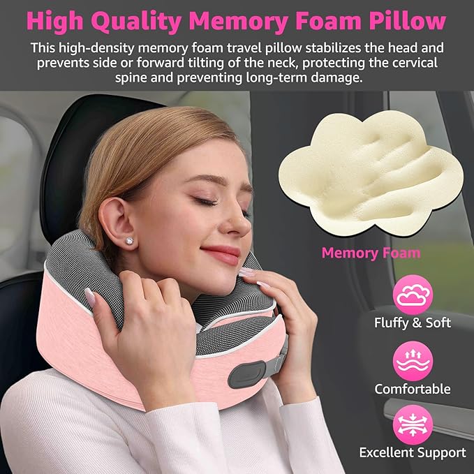 Travel Pillows for Airplanes Ergonomic Memory Foam Neck Pillow for Travel - 360° Head & Neck Support for Sleeping on Flights, Cars, Trains & Office (Pink-1)